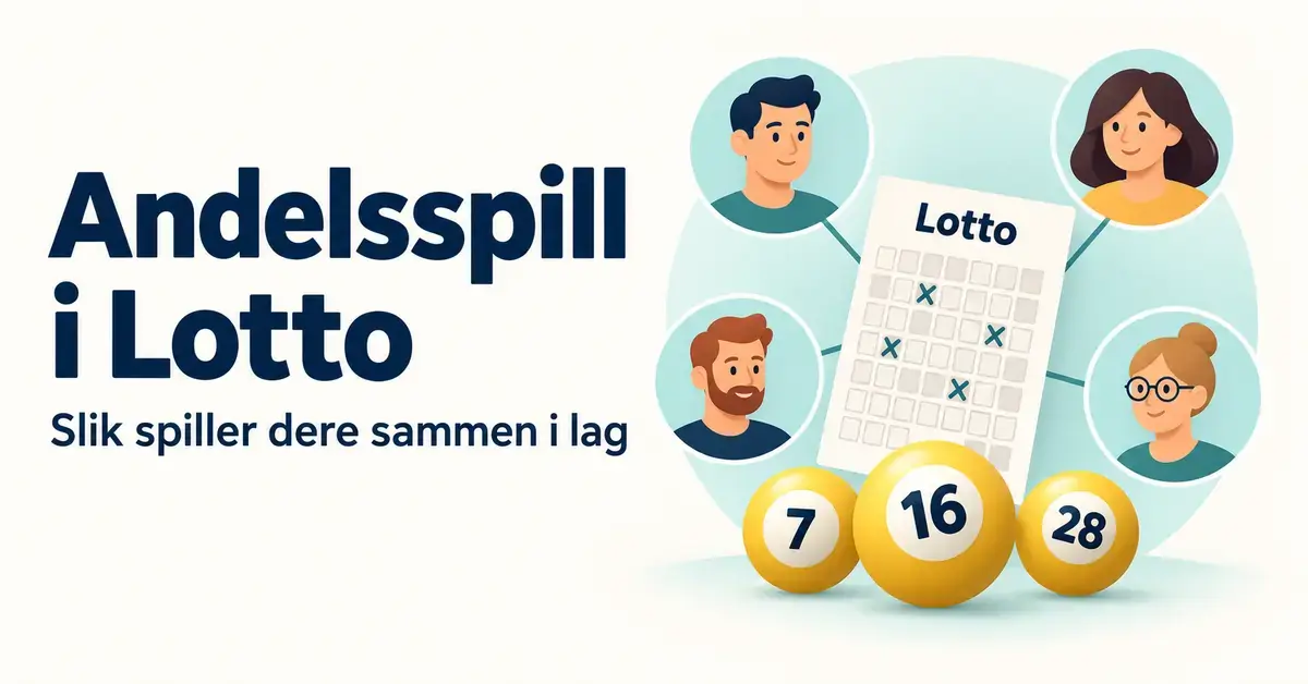 Illustrasjon av fire deltakere knyttet til en felles lottokupong og tre lottokuler, med teksten «Andelsspill i Lotto – Slik spiller dere sammen i lag».