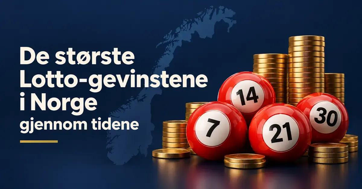 Røde lottokuler og stabler med gullmynter foran et norgeskart, med teksten «De største Lotto-gevinstene i Norge gjennom tidene».
