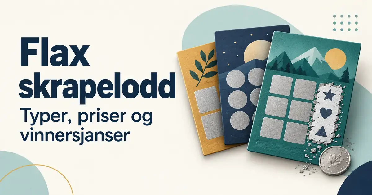 Illustrasjon av tre skrapelodd og en mynt ved siden av teksten «Flax skrapelodd – Typer, priser og vinnersjanser».