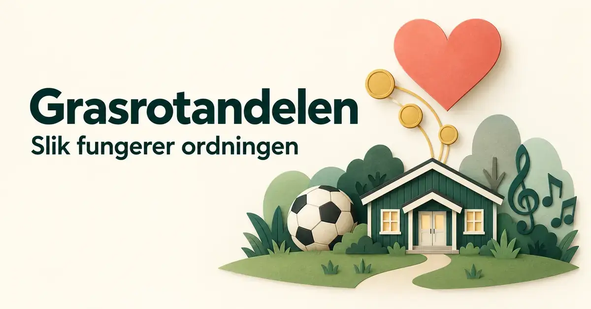 Illustrasjon av Grasrotandelen med et hjerte, mynter, klubbhus, fotball og noter som symboliserer støtte til lokale lag og foreninger.