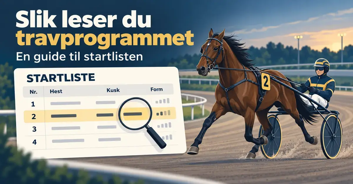 Illustrasjon av en startliste med markert rad og forstørrelsesglass ved siden av en travhest med sulky og kusk på en travbane.