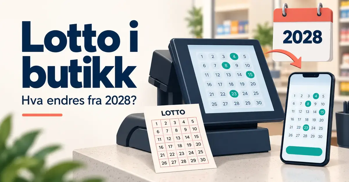 Illustrasjon av en lottokupong og en spillterminal på en butikkdisk, en mobiltelefon og en kalender merket 2028, med teksten «Lotto i butikk – Hva endres fra 2028?».