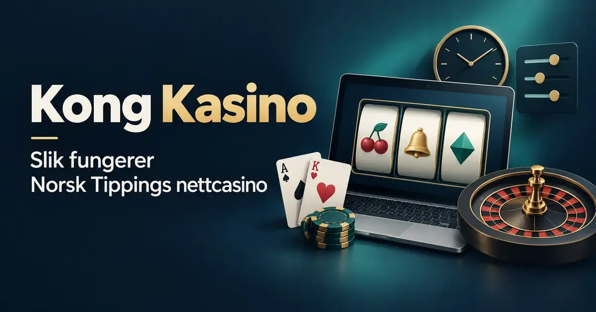 Illustrasjon av Kong Kasino med spilleautomat på en bærbar PC, spillkort, rulett og symboler for tidsbruk og spillegrenser.