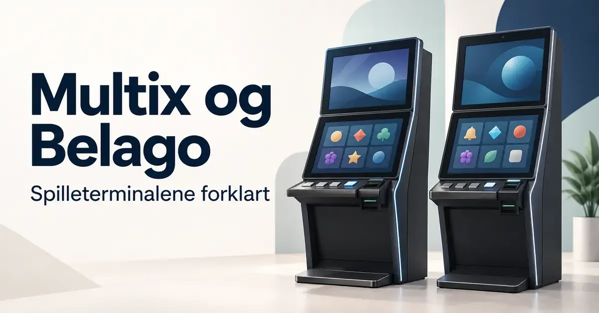 Illustrasjon av to spilleterminaler med teksten «Multix og Belago – Spilleterminalene forklart» på lys bakgrunn.