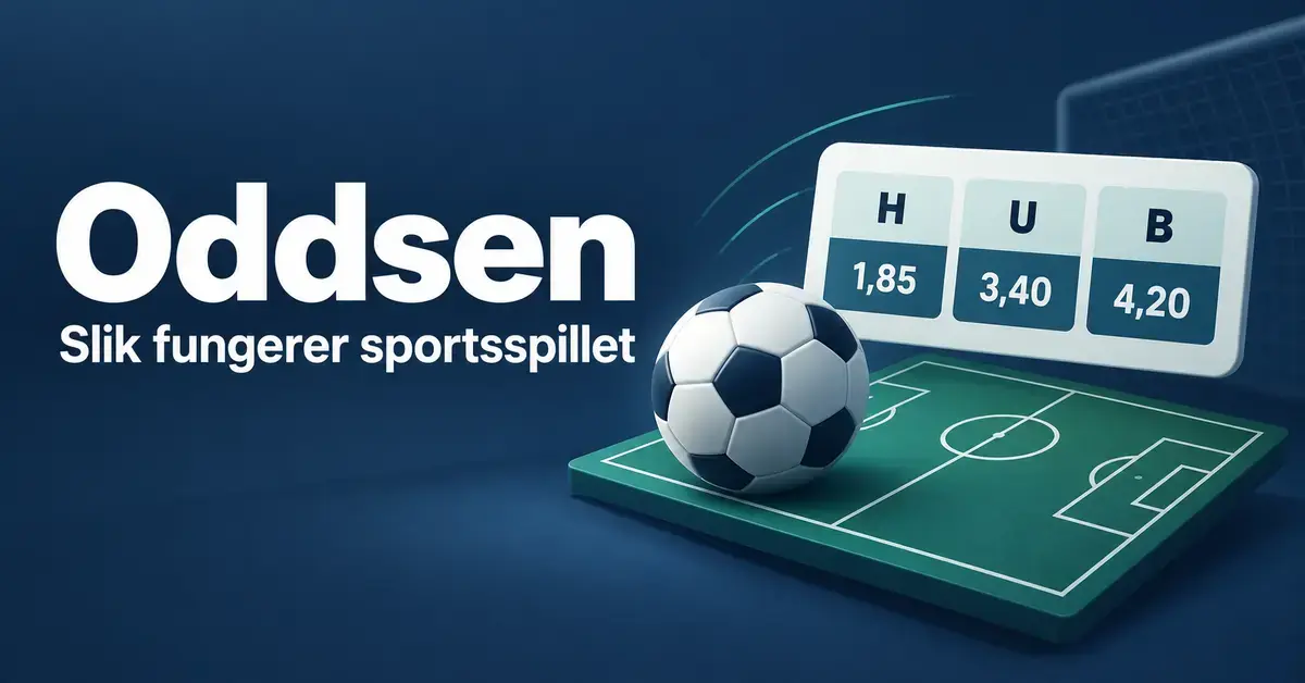 Illustrasjon av en fotball på en fotballbane og et kort med eksempelodds for hjemmeseier, uavgjort og borteseier, med teksten «Oddsen – Slik fungerer sportsspillet».
