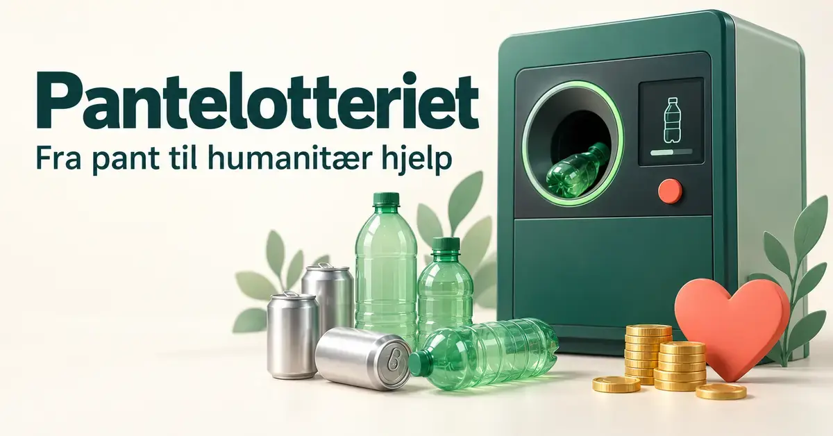 Illustrasjon av en panteautomat med flasker, bokser, mynter og et hjerte, med teksten «Pantelotteriet – Fra pant til humanitær hjelp».