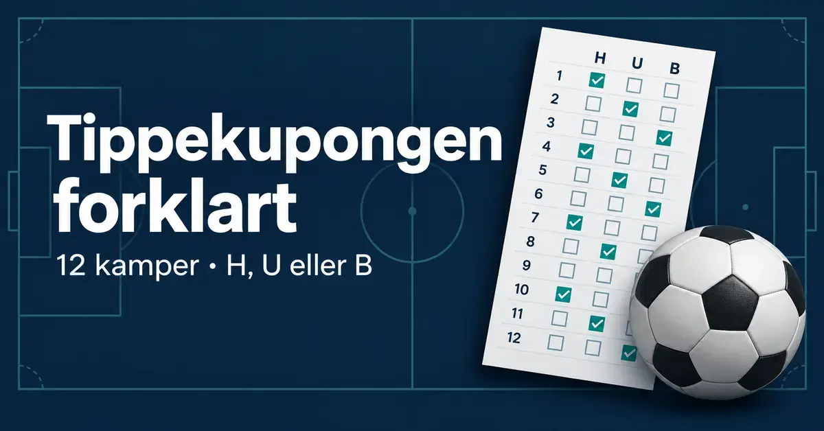 Illustrasjon av en tippekupong med 12 kamper og valgene H, U og B ved siden av en fotball, med teksten «Tippekupongen forklart».