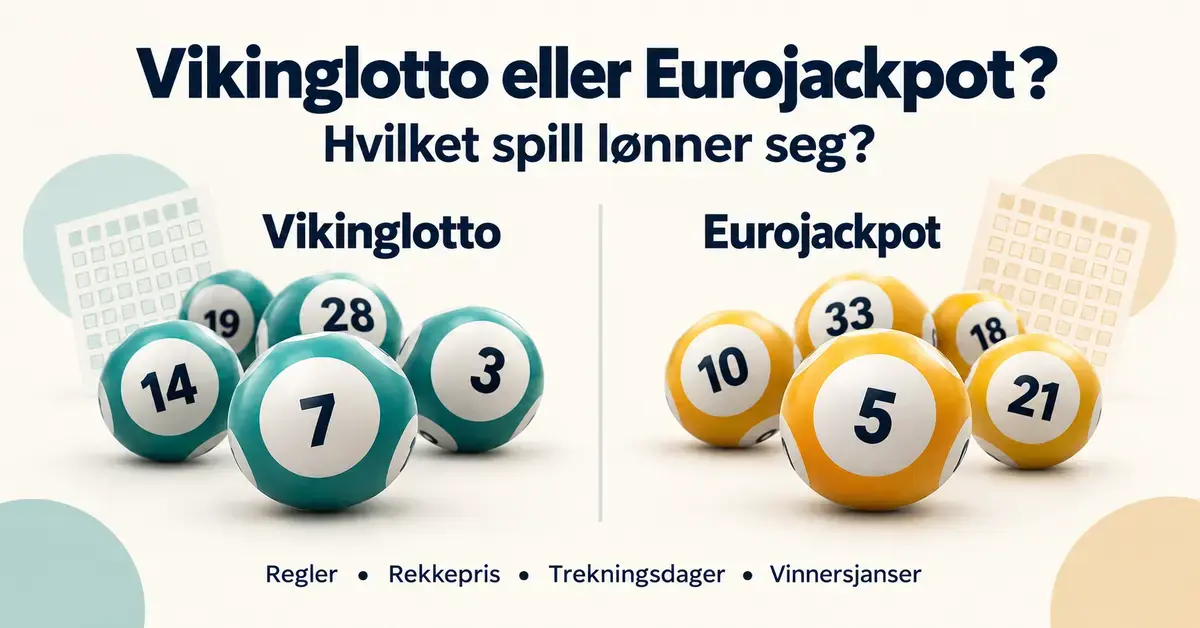 Grafisk sammenligning av Vikinglotto og Eurojackpot med turkise og gule lottokuler og teksten «Hvilket spill lønner seg?».